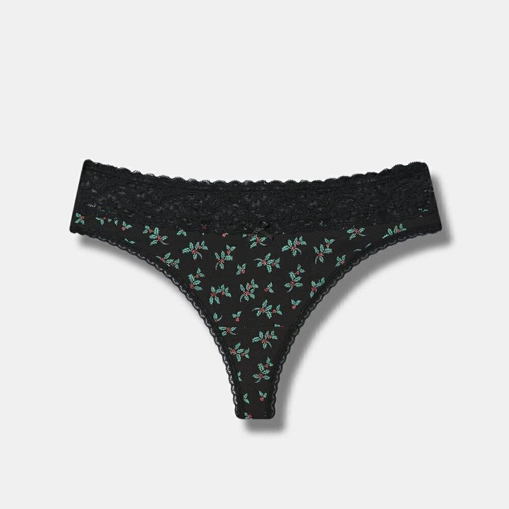 Torrid - Cotton Mid-Rise Thong Lace Trim Panty in Holly Ditsy, Rich Black‌‌‌